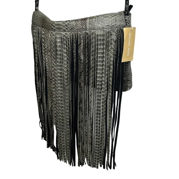 Michael Kors Collection Joni Gray Black Python Leather Fringe Fall Winter Clutch - Picture 11 of 16